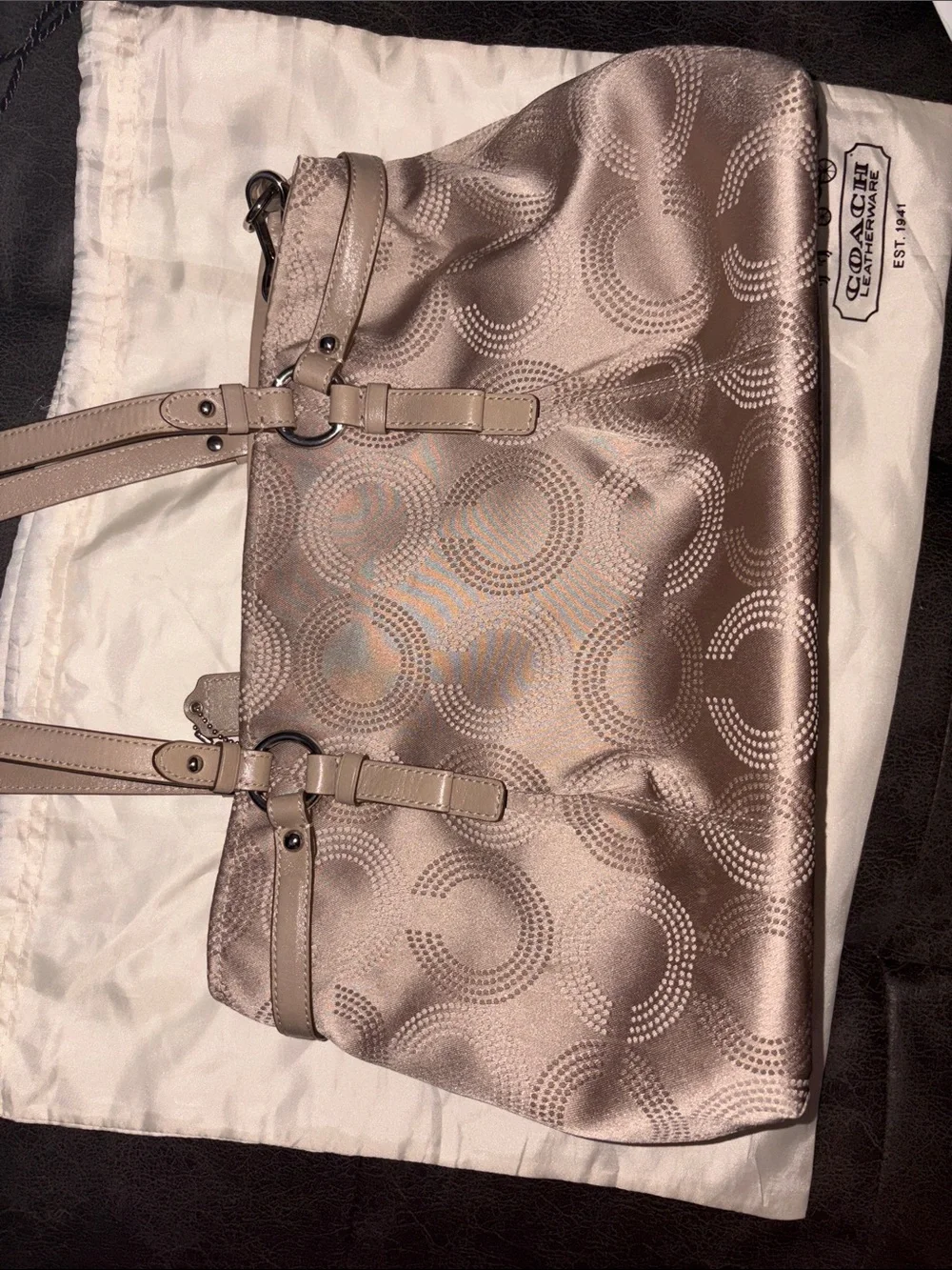Coach Satin Circle Pattern Shoulder Bag in Taupe